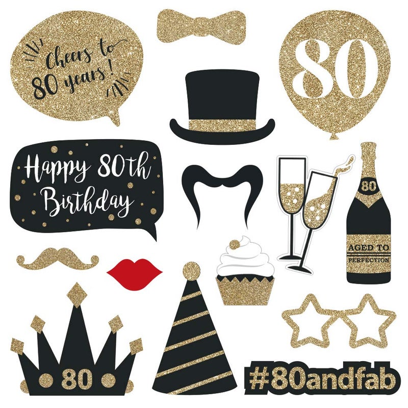 Perfect Occasion Fully Assembled 80th Birthday Photo Booth Props - Set of 30 - Black & Gold Selfie Signs - 80th Party Supplies & Decorations - Cute Bday Designs with Real Glitter - Did We Mention No DIY - Image 5